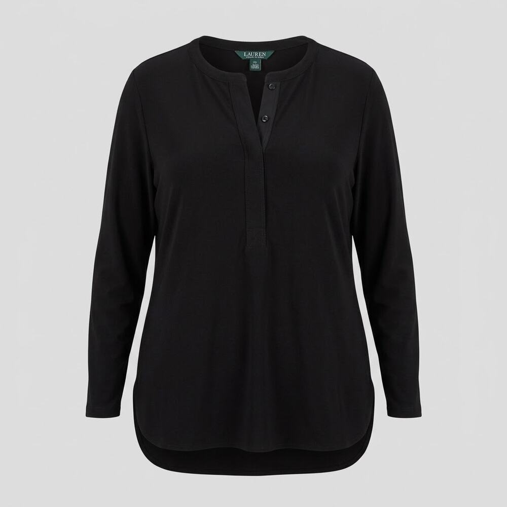 Lauren Ralph Lauren Black Henley Top Plus Size 2X Long Sleeve Blouse